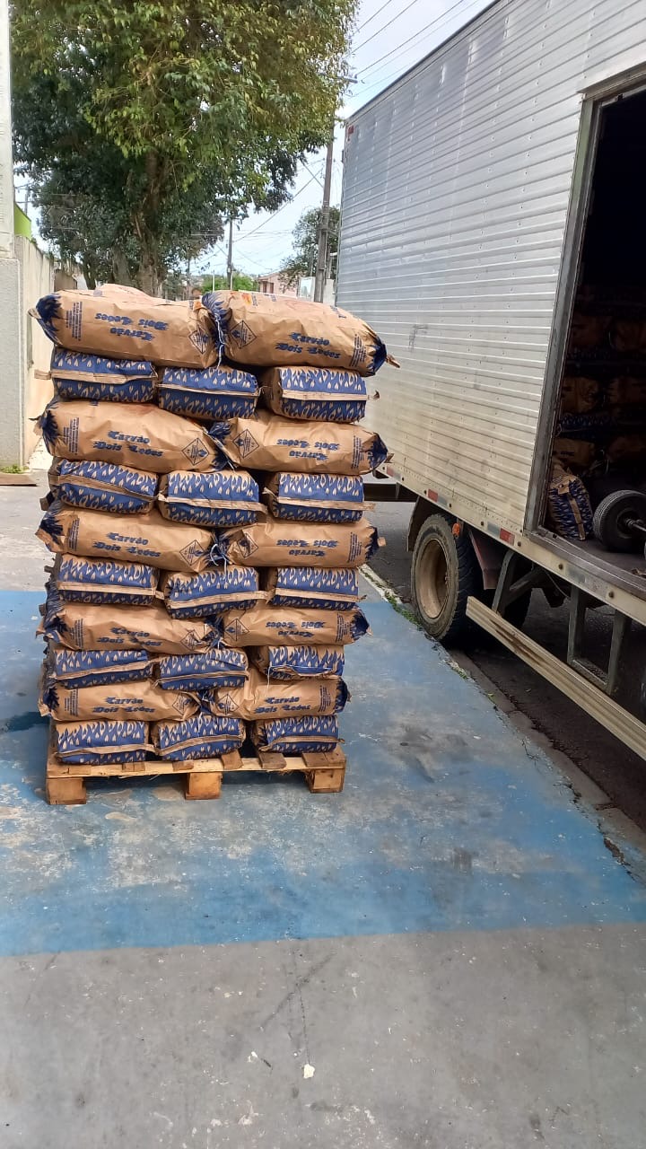 Palete de sacos de carvão Dois Leões ao lado de caminhão